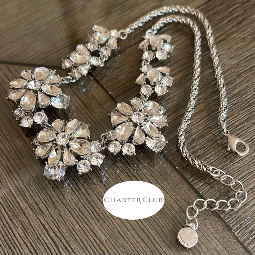 CHARTER CLUB Silver-tone Floral Crystal Necklace, Created for Macy's
